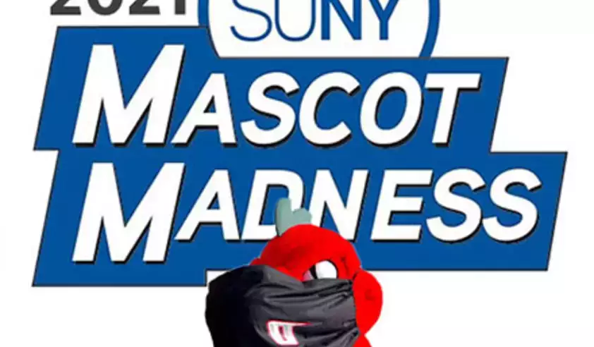 Red the dragon wearing a mask with Mascot Madness logo