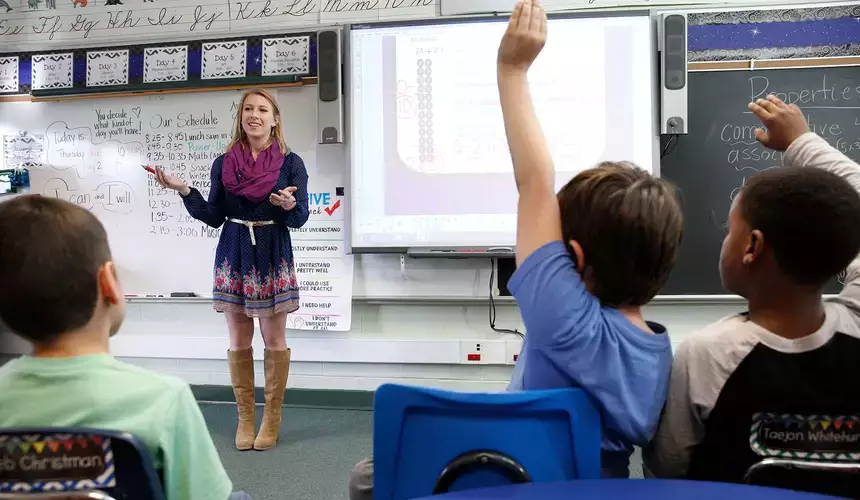 SUNY Oneonta education student Kayleigh Gileski teaches a math lesson on multiplication and division
