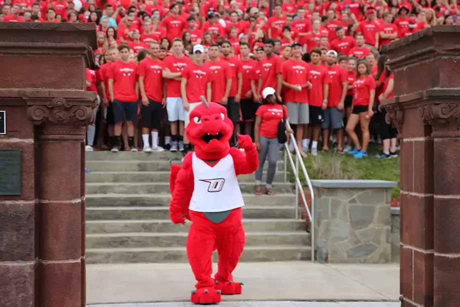 Red the dragon leading the freshmen class through the pillars.