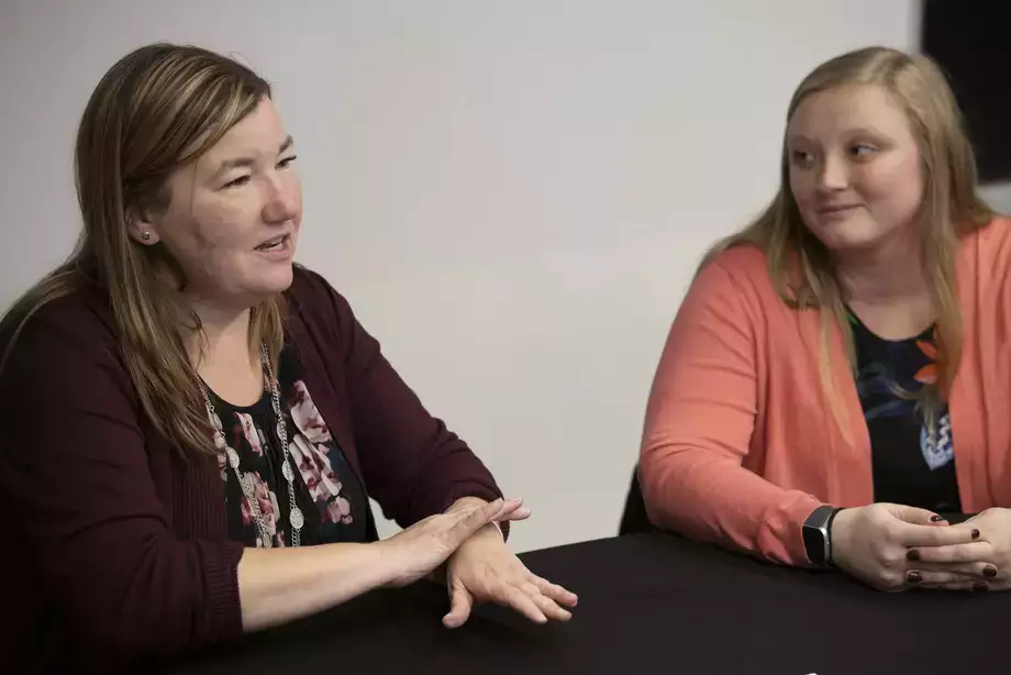 Meteorology alumni Dr. Margaret LaFarr Class of '89 (on left) and Delaney Martin Class of '18 at Majors' Night Nov '19