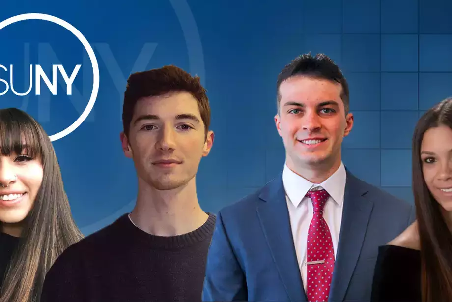 four students with SUNY logo