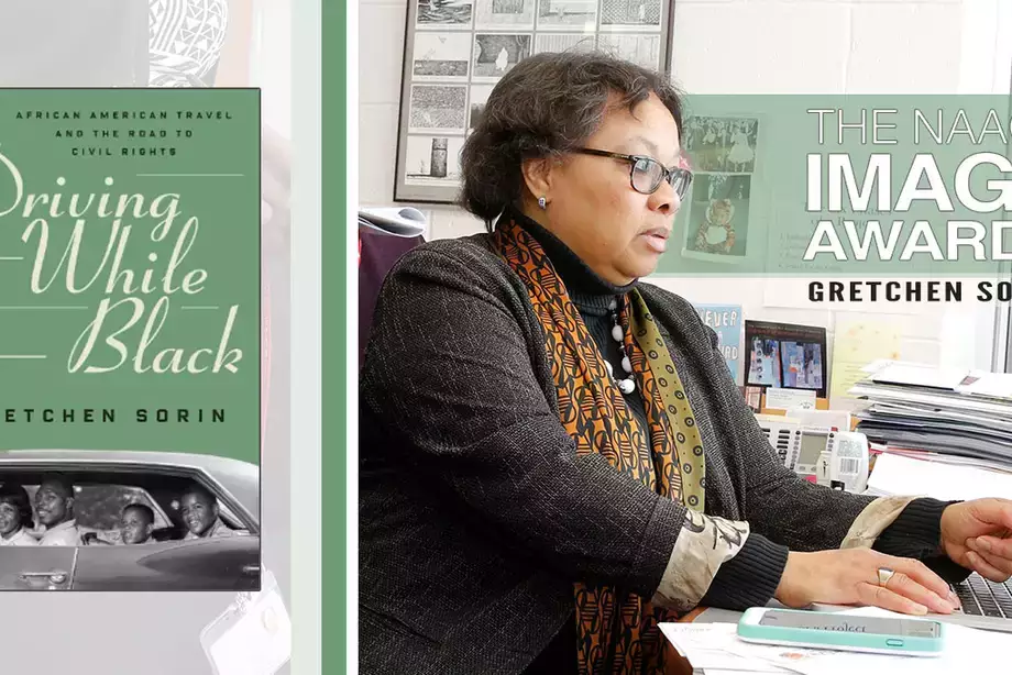Driving While Black book cover, Gretchen Sorin '82 at laptop