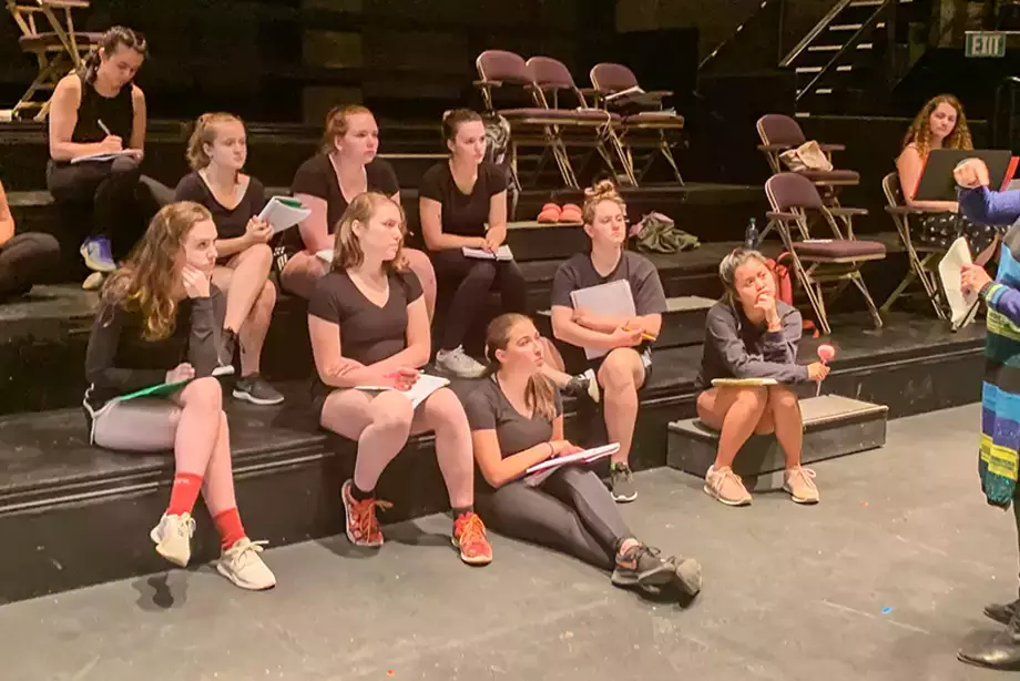 Students receive feedback from Director Kiara Pipino during a rehearsal of The Wolves