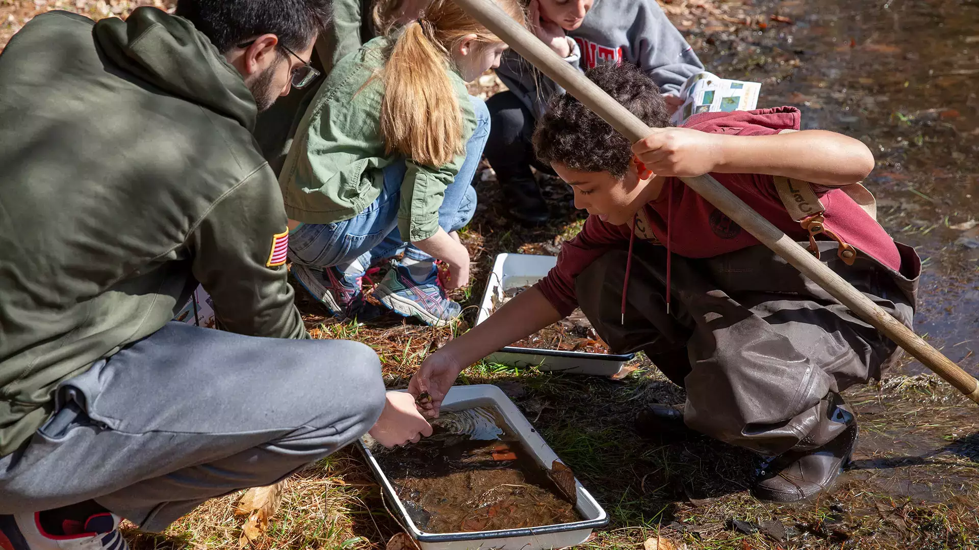 Children from Milford Central School exploring in the field.