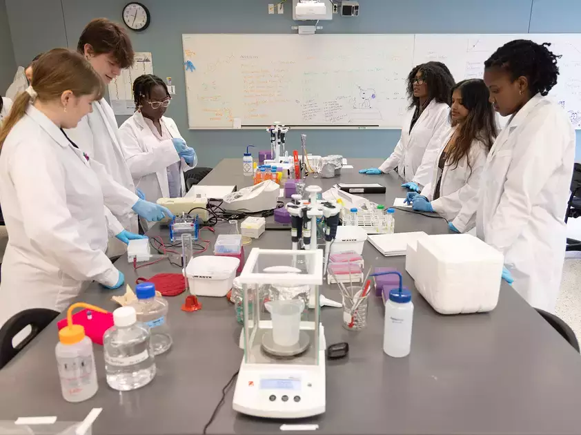 A group of biochemistry students in the lab during the iGEM competition.