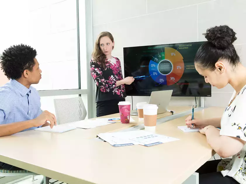 Marketing major students review a campaign plan
